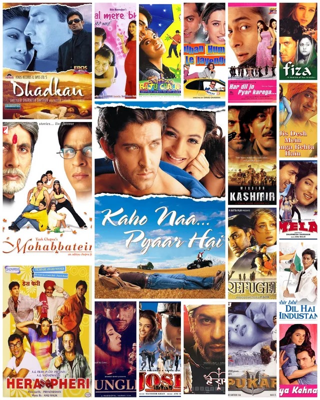 Collage of classic 80s and 90s Bollywood movie posters